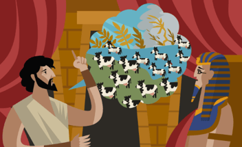 Grafische Darstellung von Ägyptern die über Kühe sprechen